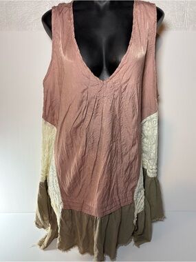 Boho V-Neck Layered Tunic in Dusty Rose, Olive & Cream